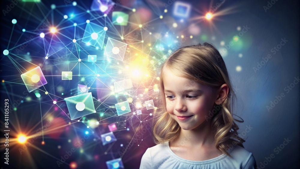Wall mural Brightly glowing abstract shapes surround a young girl, representing content creation with , AI - Wall murals