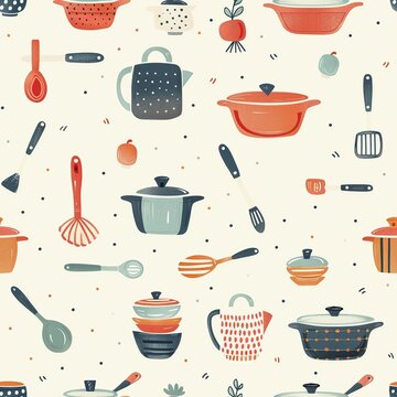A detailed drawing of a toy kitchen set, with pots, pans, and utensils, inviting children to explore the joys of cooking and pretend play. Minimal pattern banner wallpaper, simple background,
