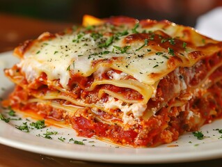 A plate of tasty thick lasagna on a table