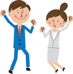 ポップなスーツを着た男女がガッツポーズで元気にジャンプ