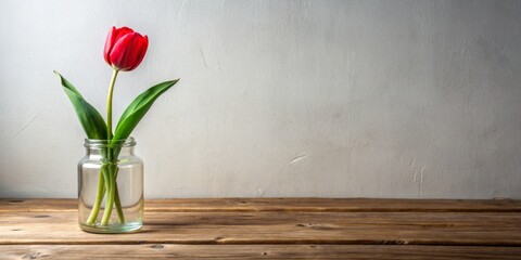 Red tulip flowers in vintage jar on wooden table against white wall, tulip, flowers, red, vintage