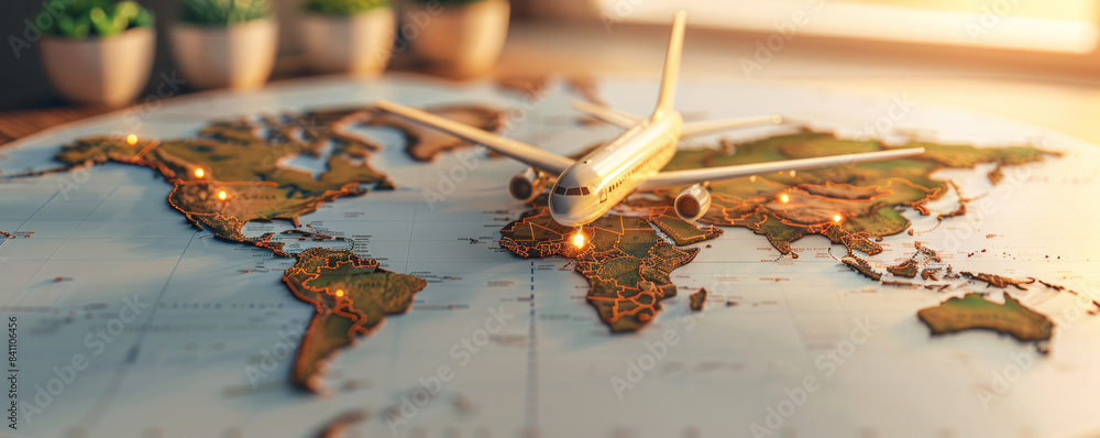 Aufkleber a white airplane is on a map of the world. the airplane is surrounded by a lighted globe, which give