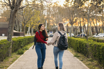 Back view of two student girls walking and talking in campus