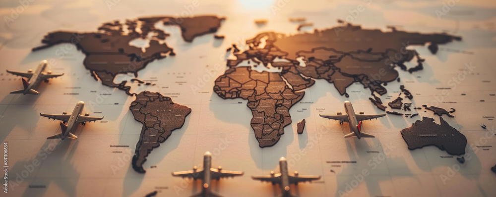 Aufkleber a map of the world with airplanes on it. the airplanes are scattered all over the map, with some clo