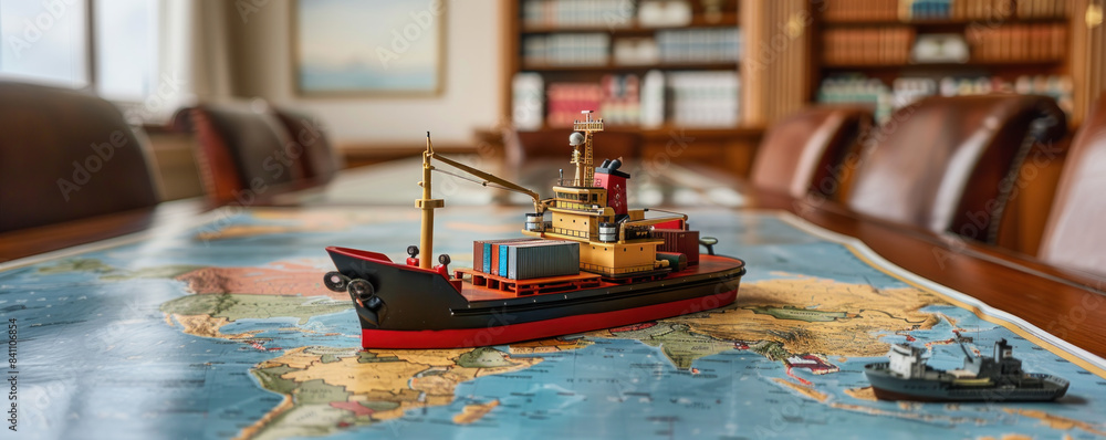Poster a small model ship is sitting on a map of the world. the ship is red and black and is placed on a ta