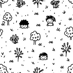 A playful line drawing of a game of hide-and-seek, with children peeking out from behind trees and bushes, fostering social skills and teamwork. Minimal pattern banner wallpaper, simple background,