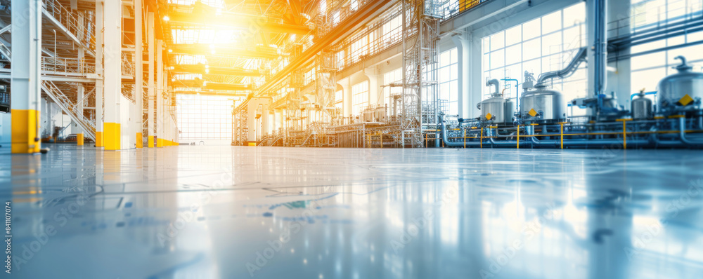 Poster a large industrial building with a lot of machinery and pipes. the building is empty and the sun is 