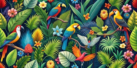 Tropical jungle wallpaper featuring colorful birds, leaves, and flowers for digital printing, tropical, jungle