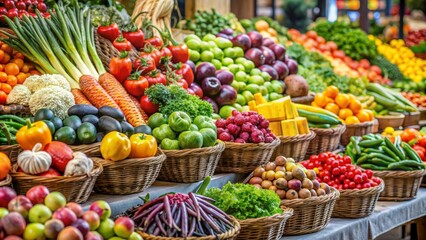 Fresh and colorful fruits and vegetables on display at a farmer's market , organic, healthy, variety, market, produce
