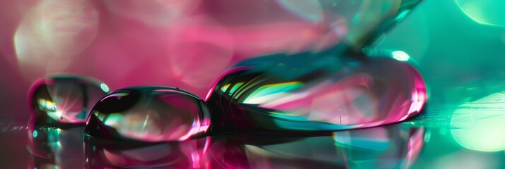 extreme macro photo of clean polished glass, edges with light from four different colors, depth of field, blurred, dark pink and dark green, blur background, natural colors, aspect ratio 3:1, banner