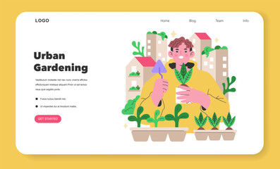 Maker Culture concept A gardener nurtures city greenery, harmonizing urban life with nature through urban gardening Flourishing foliage against a cityscape Vector illustration