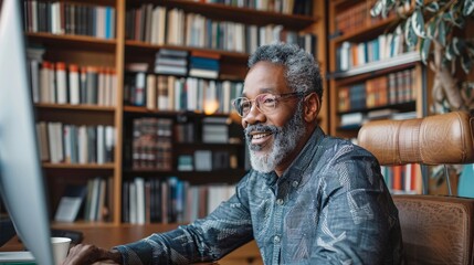 Mature couple in their home office having a video call with their financial advisor, discussing investment plans, relaxed and focused expressions, bookshelves in the background