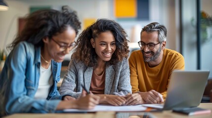 Parents guiding their young adult through a financial planning session with an advisor, modern office space, supportive and informative environment, advisor providing insights