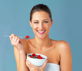Woman, portrait and happy in studio with healthy cereal meal, nutrition diet and digestion...