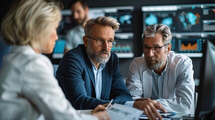 Financial planner explaining retirement strategies to a middle-aged couple in a high-tech office, couple asking questions, detailed charts and graphs on display