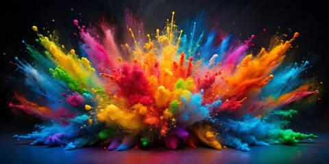 A burst of bright multi-colored paints on a dark background , vibrant, colorful, explosion, splatter, artistic