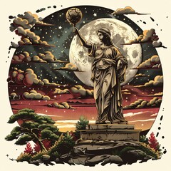 A woman holding a ball in front of a large moon
