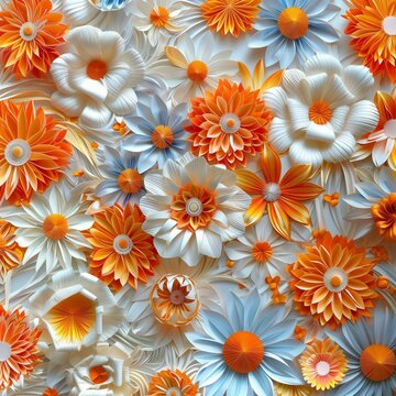 Orange Flowers Seamless Floral Pattern Blue White 3d Flower Art Abstract Paper Quiling Quilling Nature Plant