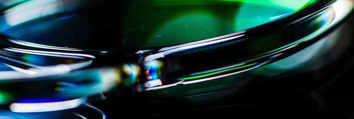 extreme macro photo of clean polished glass, edges with light from four different colors, depth of field, blurred, dark and dark green, blur background, natural colors, aspect ratio 3:1, banner