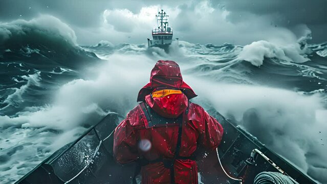 a seaman on a tanker during stormy sea, dramatic, cinematic lighting,generative ai