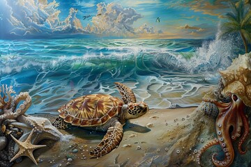 Beach Ocean Sea ,Turtle ,Octopus, Coastal, Whale, Seahorse 