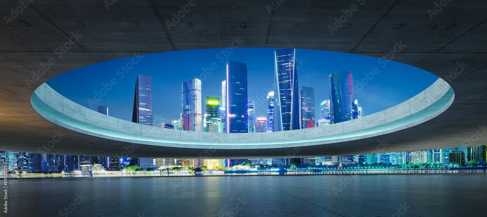 Poster 3d rendering futuristic cityscape view at night through circular frame
