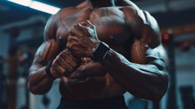 A close-up shot of a muscular man wearing a smartwatch in a gym, preparing to workout. - Powered by Adobe