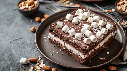 Chocolate cake Rocky road with marshmallow and nuts close-up on a plate on the table.