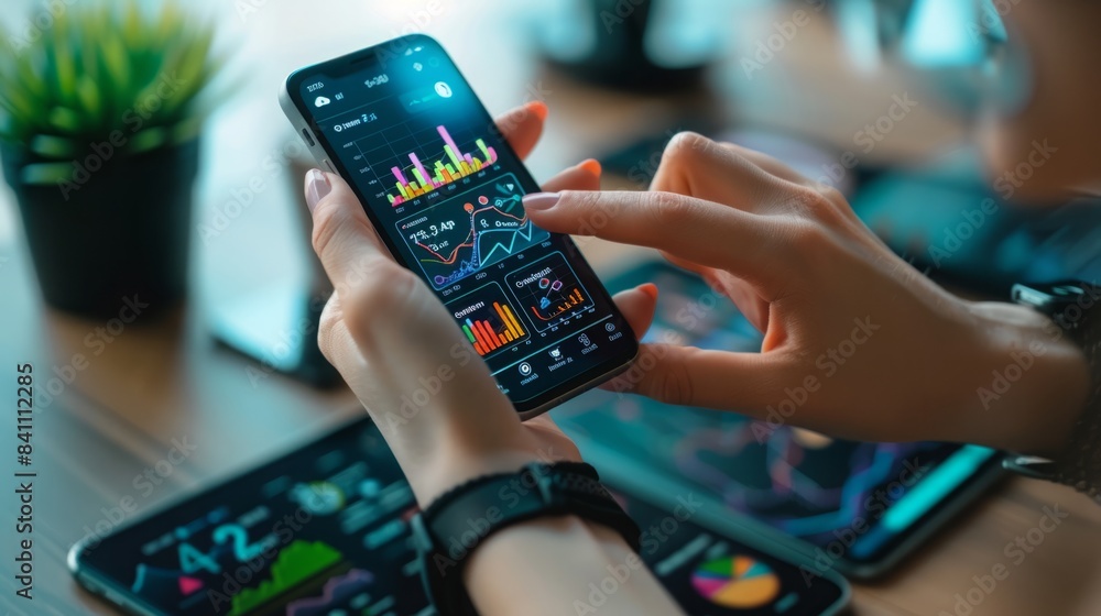 Aufkleber a persons hand is shown interacting with a smartphone displaying colorful graphs and charts.
