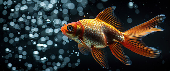Fototapeta premium A goldfish swimming gracefully in dark water with bubbles rising around, capturing a moment of aquatic beauty