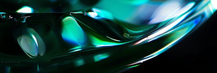 extreme macro photo of clean polished glass, edges with light from four different colors, depth of field, blurred, dark and dark green, blur background, natural colors, aspect ratio 3:1, banner,