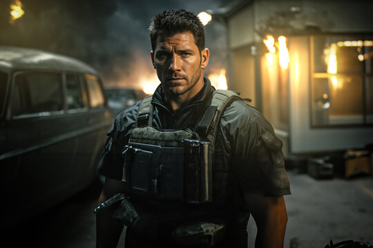 Chris Redfield at street of raccon city, generative AI
