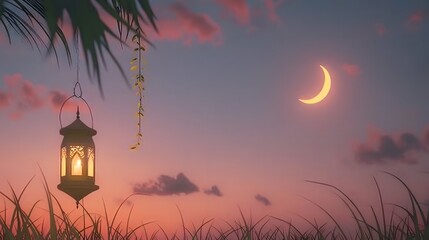 Fototapeta premium latern cresect moon blur background eid adha mubarak islamic festival muslim