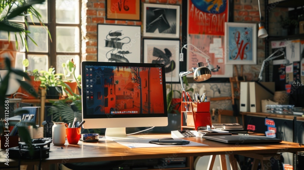 Poster workspace with computer and wall with pictures in background for creative work environment