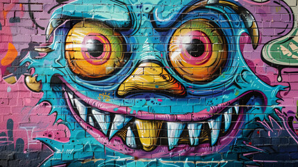 Colorful Graffiti Monster Face on Brick Wall