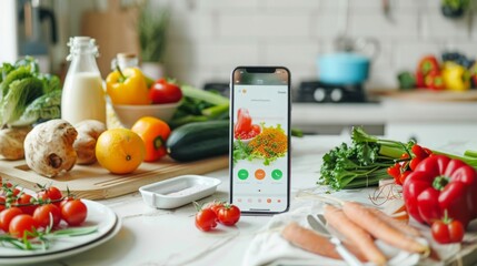 A smartphone displaying a food recipe app sits on a kitchen countertop surrounded by fresh produce.