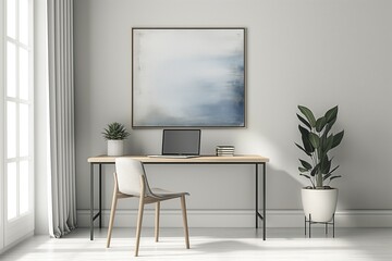 Modern home office setup. sleek desk with laptop and a succulent plant, framed mockup on the wall