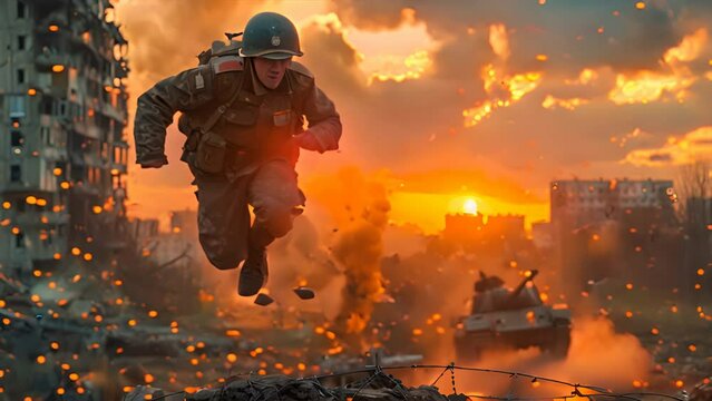 Male soldier in uniform, jumping the fence, tank, Stalingrad, explosions,generative ai