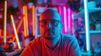 The picture of the neon light artist is working inside workshop that filled with colourful light, the neon light artist require skill like creativity, electrical knowledge and safety awareness. AIG43.