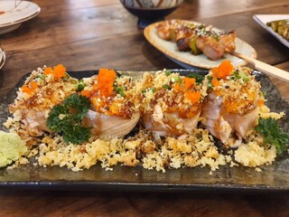 Spicy Salmon Sushi Black Plate, Udon Thani, Thailand