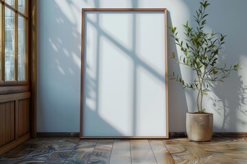 Poster frame mockup on wooden floor created with Generative AI