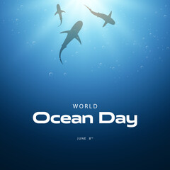 World Oceans Day. Vector illustration of seabed surrounded by sharks. Celebrated every year on June 8. Suitable for greeting cards, templates, social media, web etc