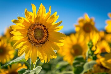 A vibrant sunflower standing tall in a sunny field, surrounded by other blooming sunflowers against a clear blue sky.