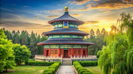 Traditional Asian temple of heaven surrounded by greenery, Asia, temple, heaven, architecture, spiritual, sacred