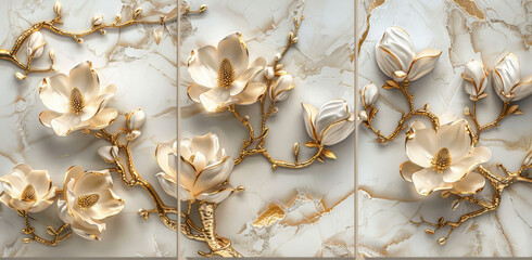 3D wallpaper with golden magnolia flowers, decorative relief, three panels in one frame, marble texture background, golden and white color palette