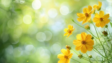 Yellow flowers with yellow pollen on green backdrop with a blurred background and space for text