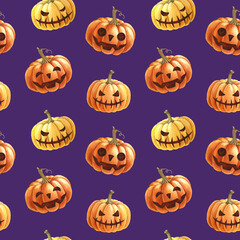 Halloween pumpkins seamless pattern. Watercolor illustration. Hand drawn scary funny orange pumpkins Halloween holiday element symbol. Violet background