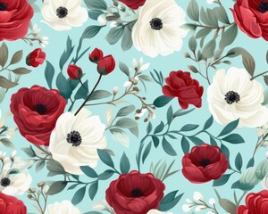 Fototapeta premium Elegant floral pattern with beautiful red and white flowers on a light blue background, perfect for wallpaper, fabric, or gift wrap.