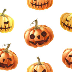 Halloween funny pumpkins seamless pattern. Watercolor illustration. Hand drawn scary funny orange pumpkin with smile seamless pattern. Halloween holiday element festive symbol. White background