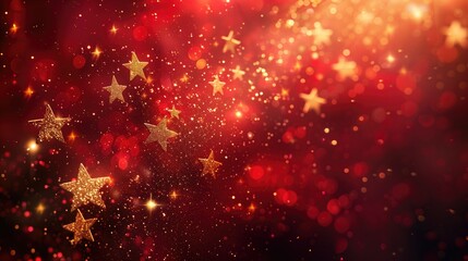 Shimmering golden stars fall against red backdrop mesmerizing abstract background sparkle